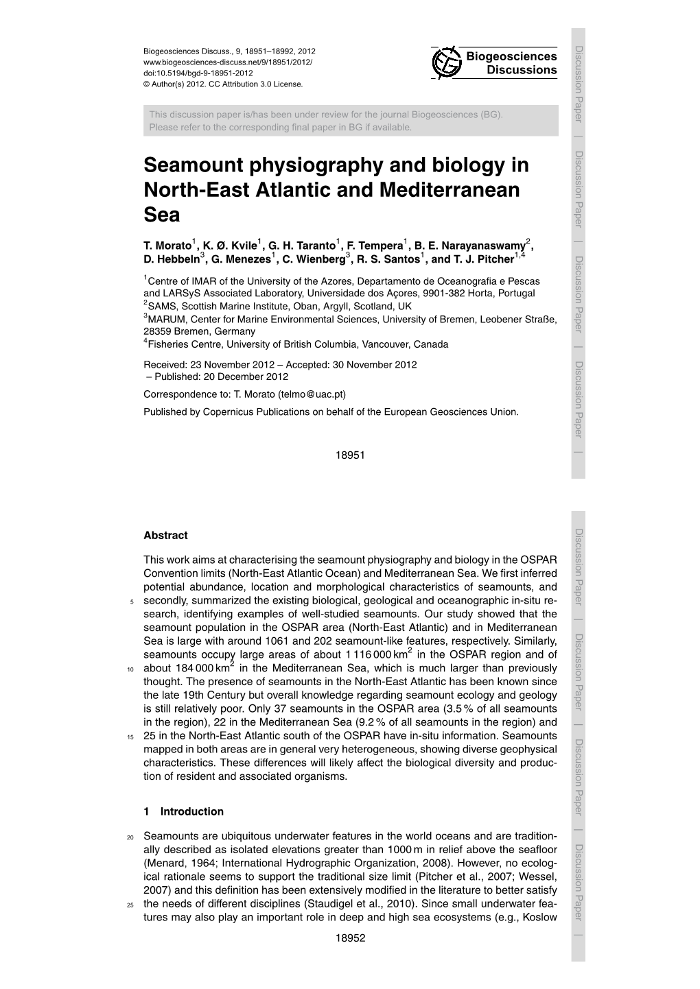 Seamount Physiography and Biology in North-East Atlantic and Mediterranean Sea T