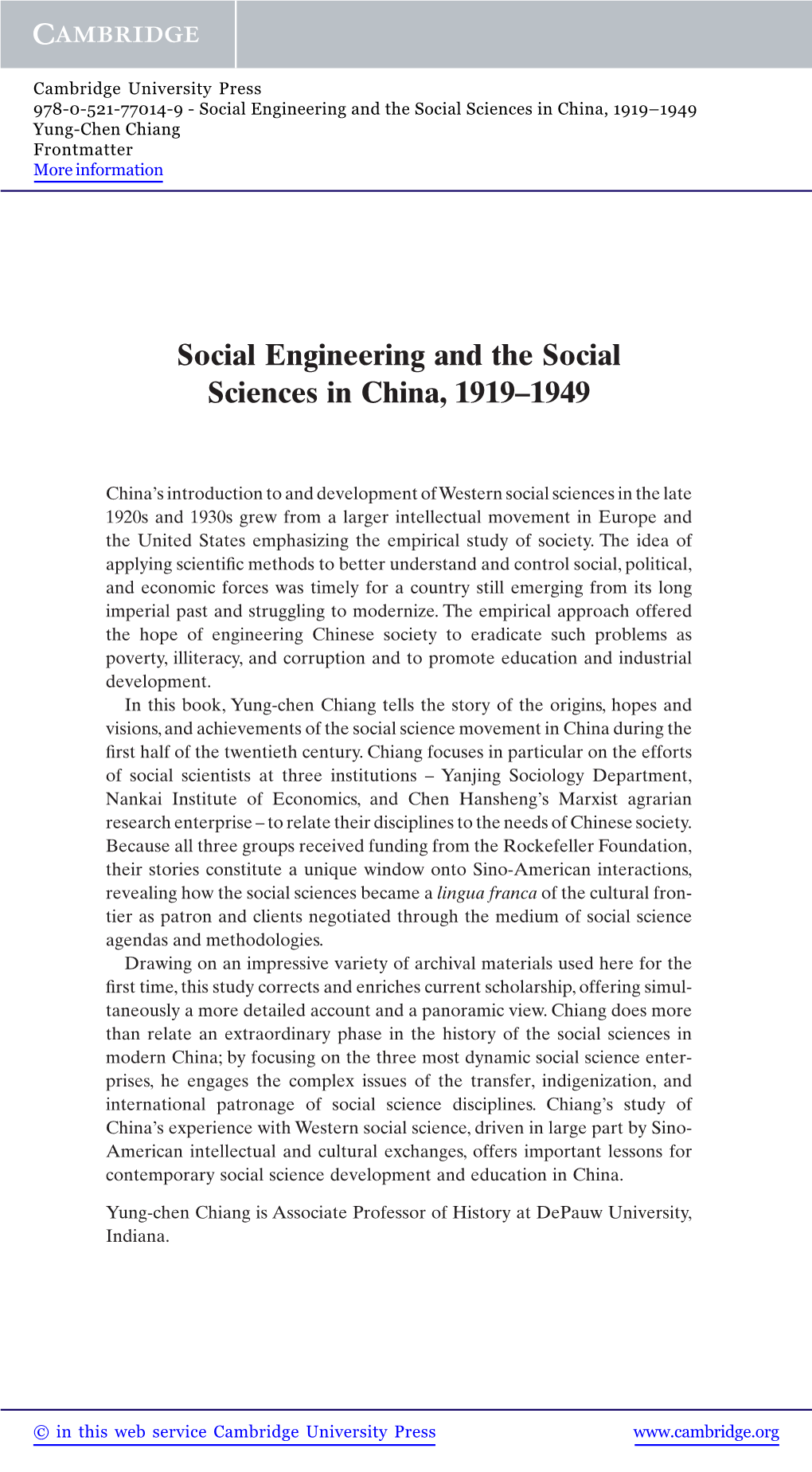 Social Engineering and the Social Sciences in China, 1919-1949