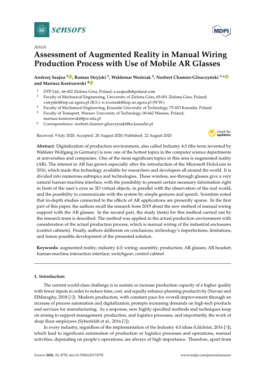 Assessment of Augmented Reality in Manual Wiring Production Process with Use of Mobile AR Glasses