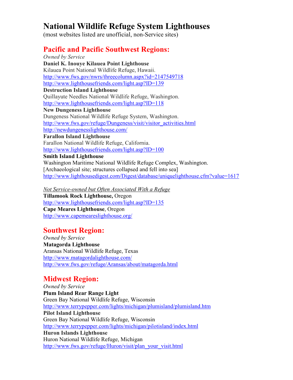 National Wildlife Refuge System Lighthouses (Most Websites Listed Are Unofficial, Non-Service Sites)