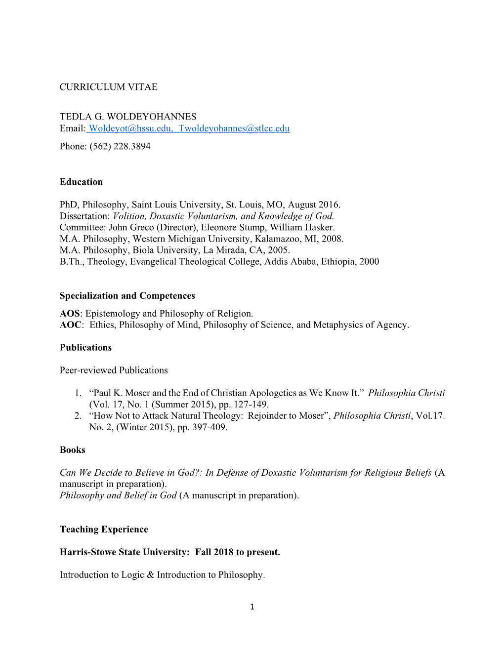 CURRICULUM VITAE TEDLA G. WOLDEYOHANNES Email