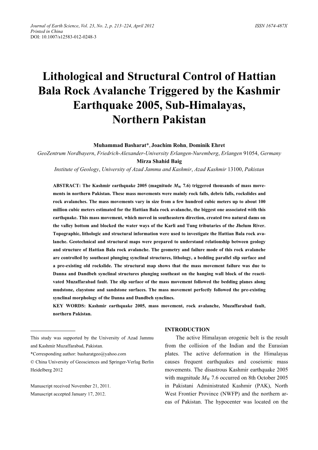 Lithological and Structural Control of Hattian Bala Rock Avalanche Triggered by the Kashmir Earthquake 2005, Sub-Himalayas, Northern Pakistan