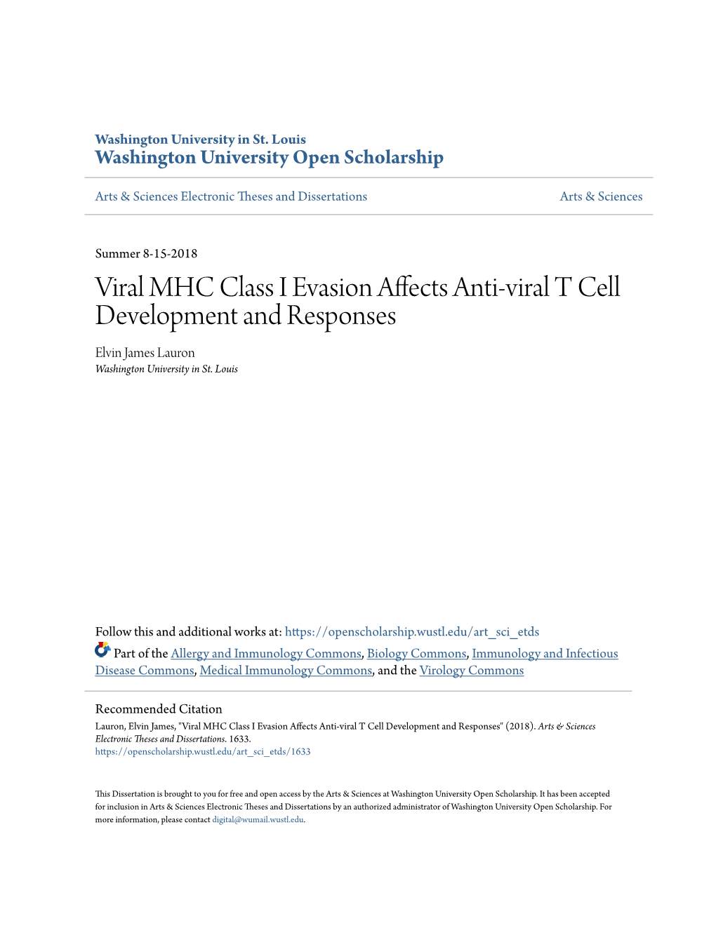 Viral MHC Class I Evasion Affects Anti-Viral T Cell Development and Responses Elvin James Lauron Washington University in St