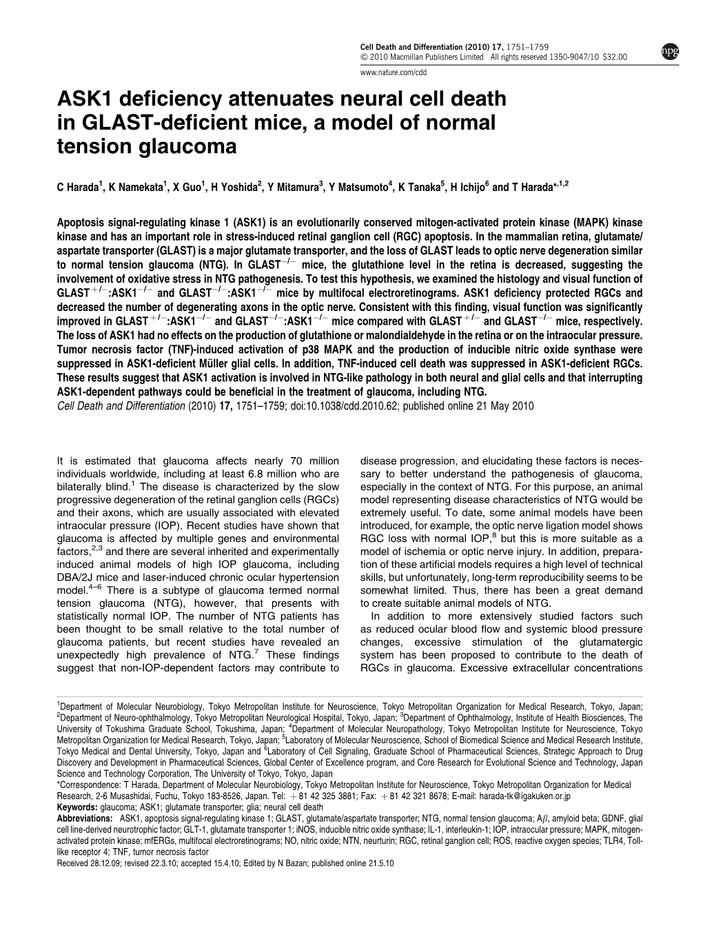 ASK1 Deficiency Attenuates Neural Cell Death in GLAST-Deficient Mice, a Model of Normal Tension Glaucoma