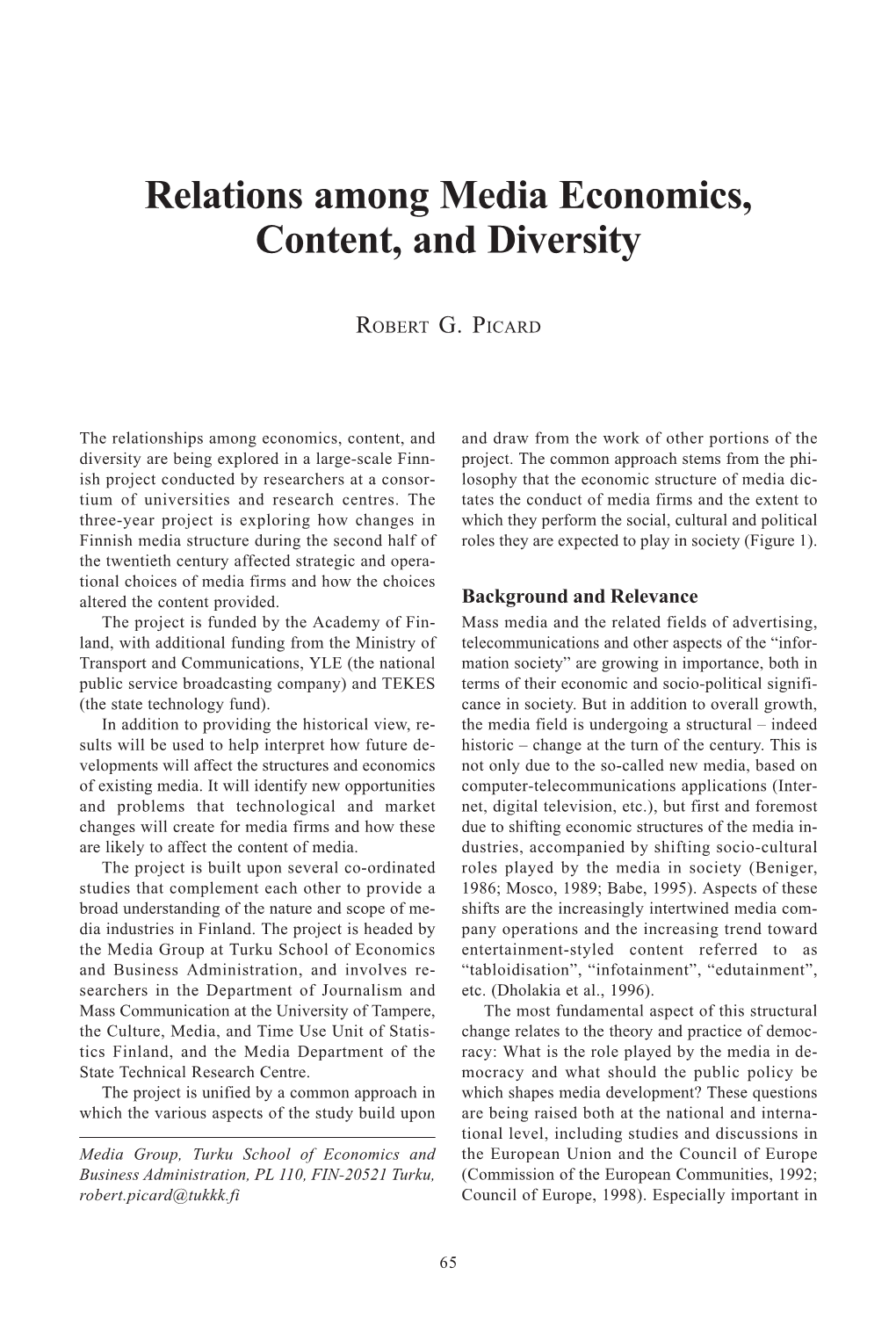 Relations Among Media Economics, Content, and Diversity