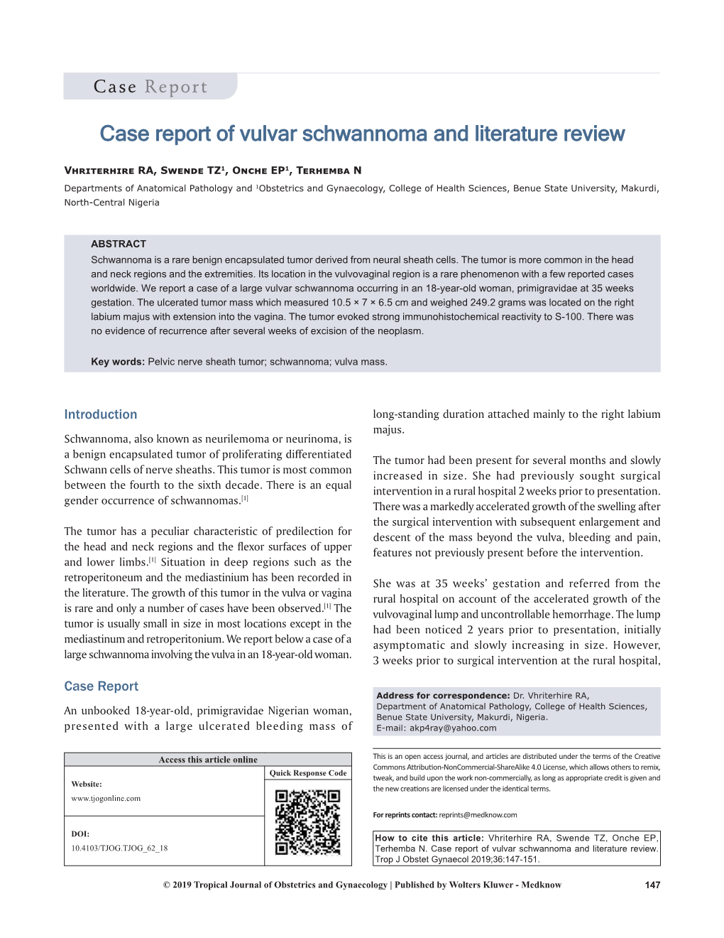 Case Report of Vulvar Schwannoma and Literature Review