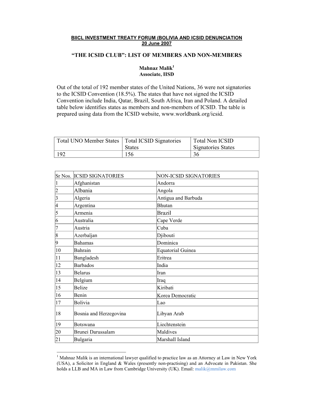 “THE ICSID CLUB”: LIST of MEMBERS and NON-MEMBERS out of the Total of 192 Member States of the United Nations, 36 Were Not S