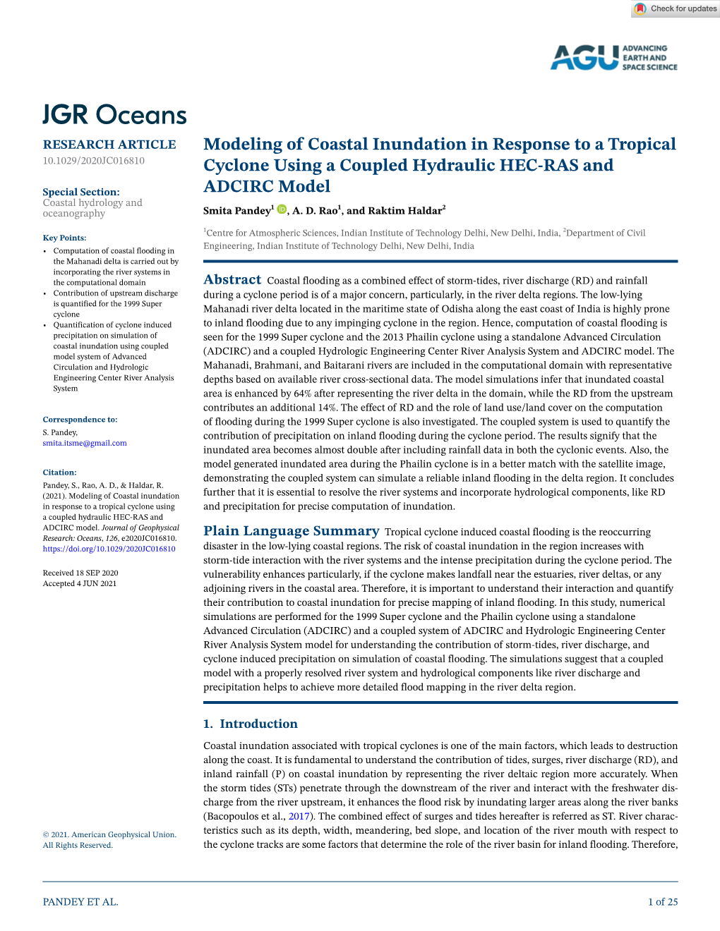 Modeling of Coastal Inundation in Response to a Tropical Cyclone