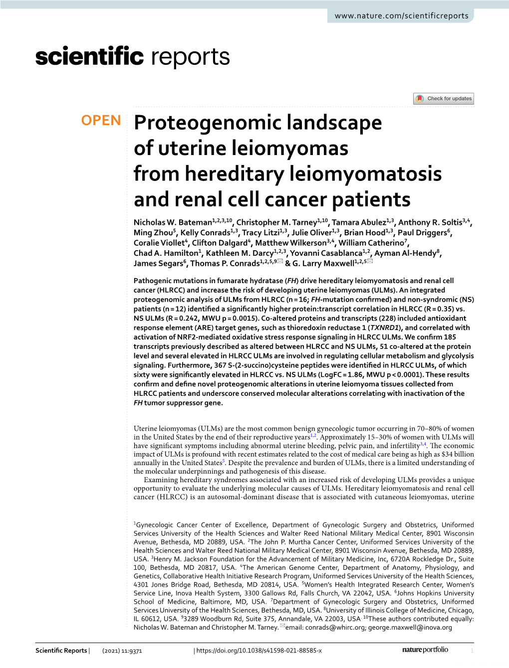 Proteogenomic Landscape of Uterine Leiomyomas from Hereditary Leiomyomatosis and Renal Cell Cancer Patients Nicholas W
