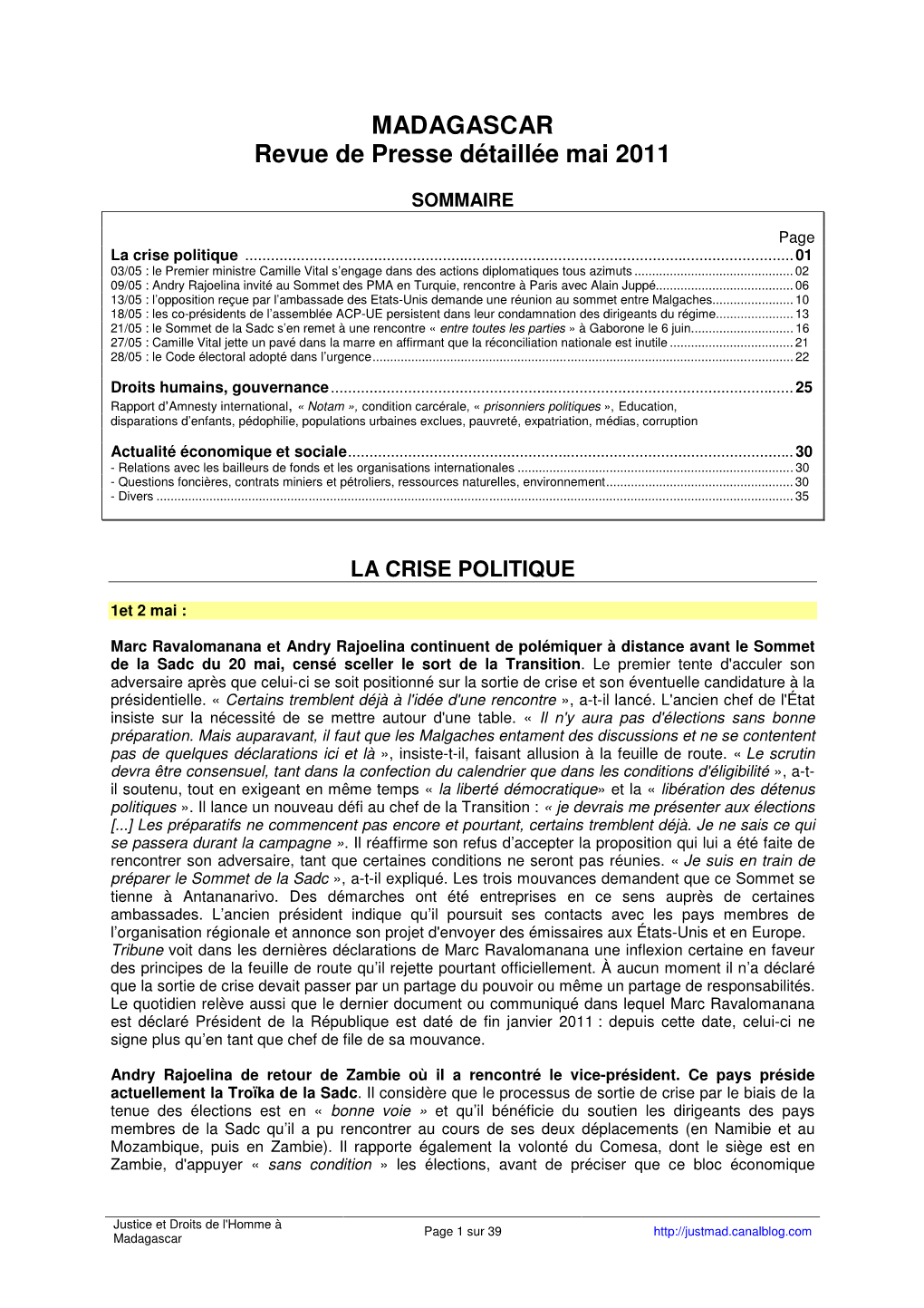 MADAGASCAR Revue De Presse Détaillée Mai 2011