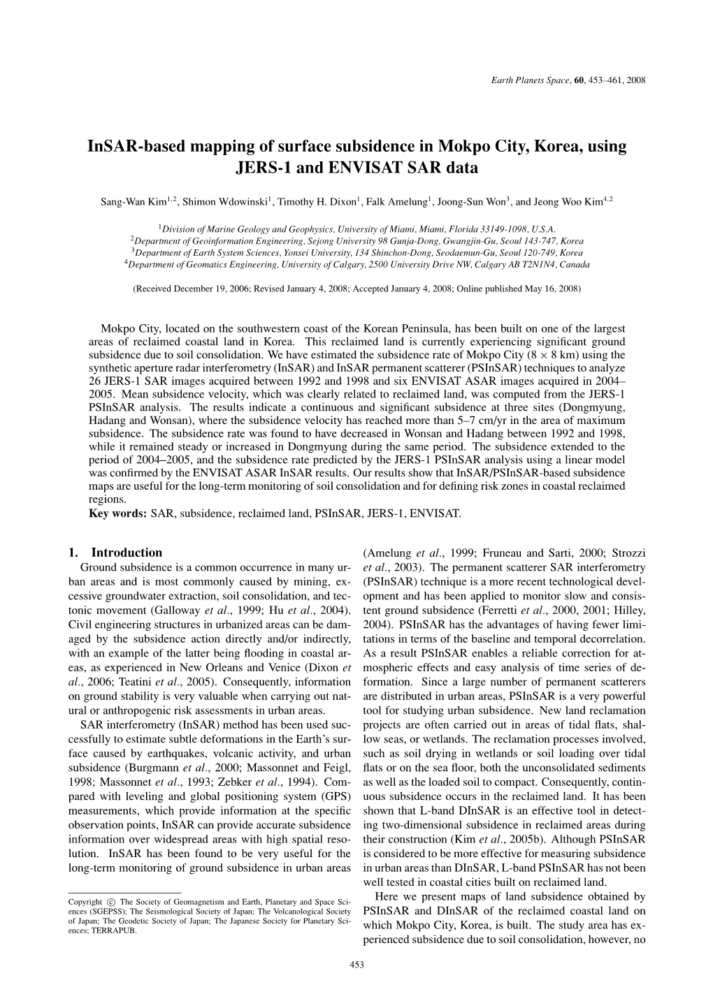 Insar-Based Mapping of Surface Subsidence in Mokpo City, Korea, Using JERS-1 and ENVISAT SAR Data