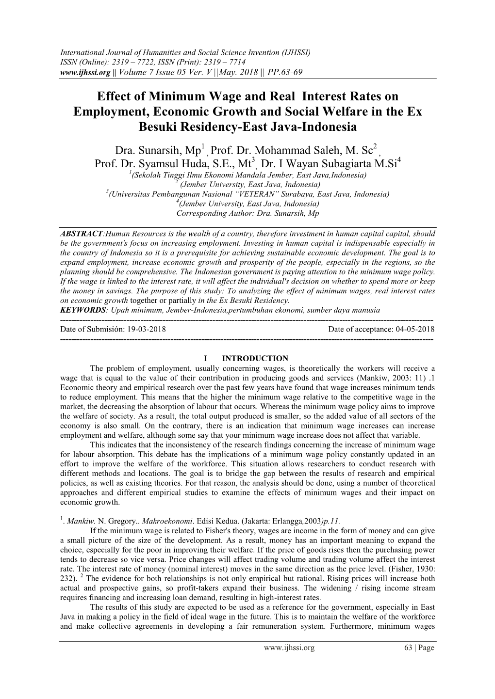 Effect of Minimum Wage and Real Interest Rates on Employment, Economic Growth and Social Welfare in the Ex Besuki Residency-East Java-Indonesia