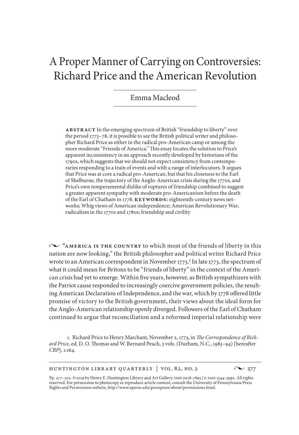 Richard Price and the American Revolution