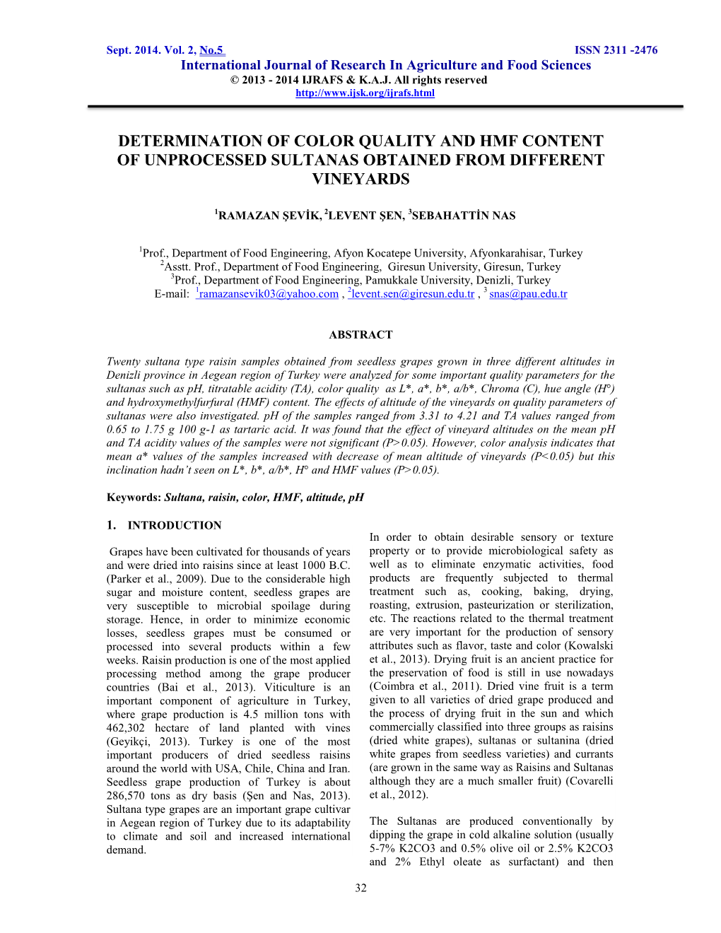 Determination of Color Quality and Hmf Content of Unprocessed Sultanas Obtained from Different Vineyards