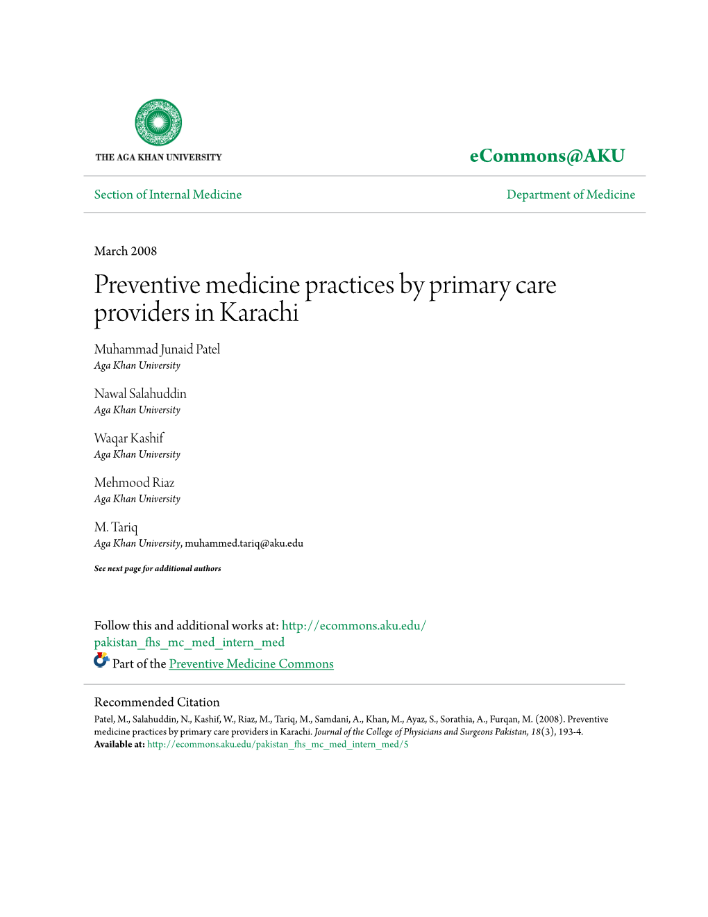 Preventive Medicine Practices by Primary Care Providers in Karachi Muhammad Junaid Patel Aga Khan University