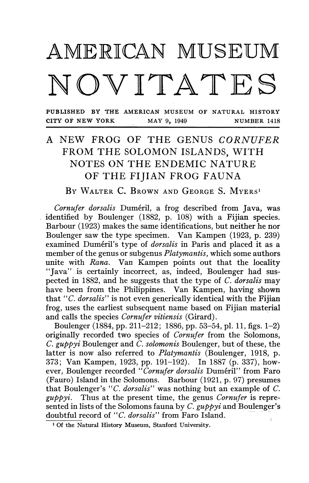 A New Frog of the Genus Cornufer from the Solomon Islands, with Notes on the Endemic Nature of the Fijian Frog Fauna by Walter C