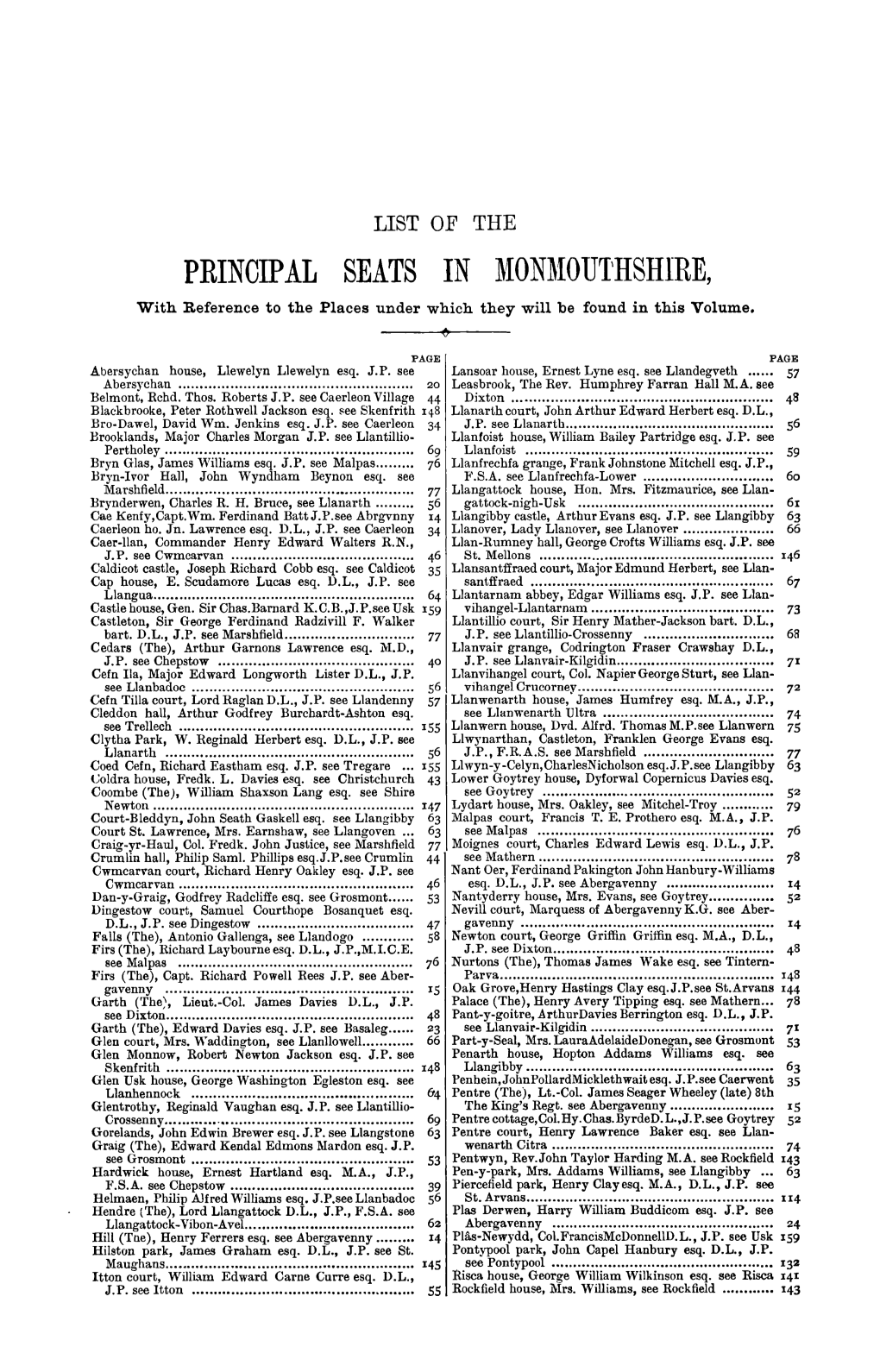 LIST of the PRINCIPAL SEATS in ~{ON~IOU'i'hshire, with Reference to the Places Under Which They Will Be Found in This Volume