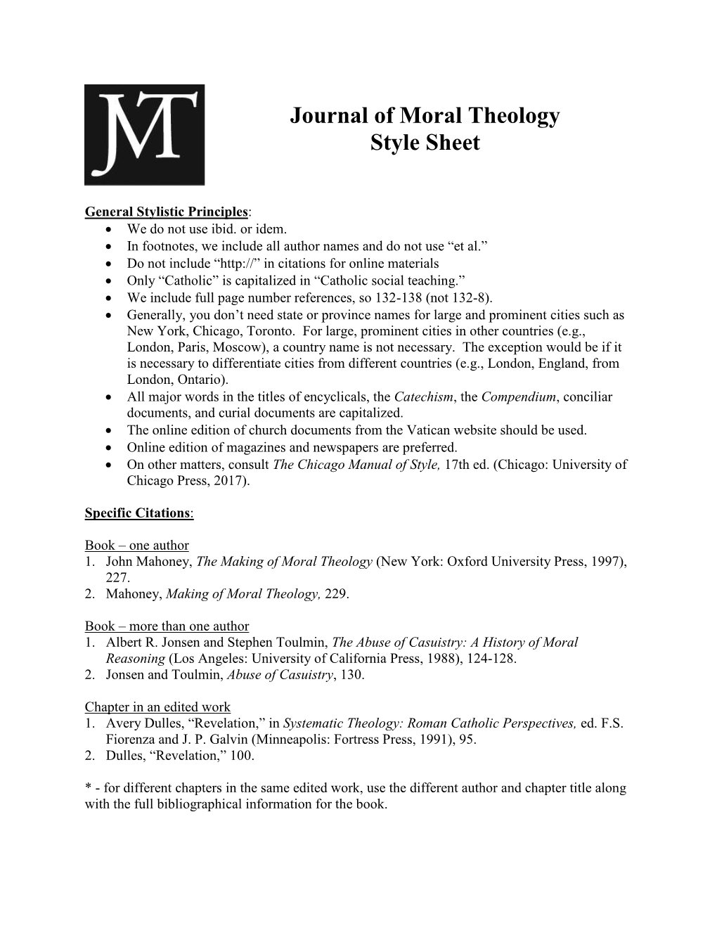 Journal of Moral Theology Style Sheet