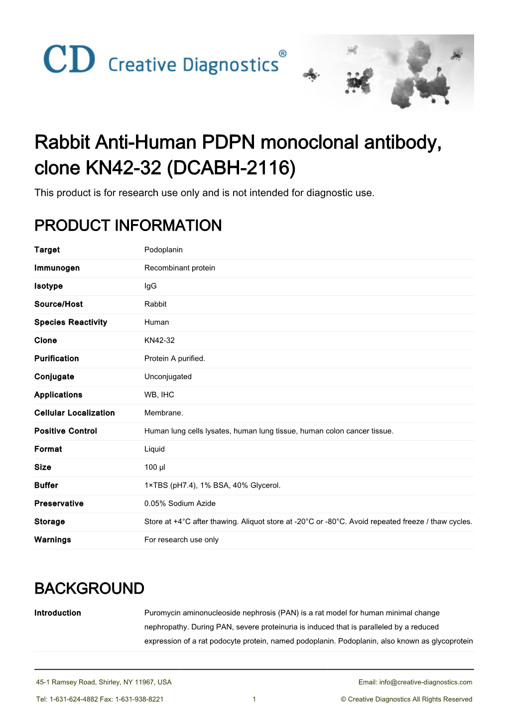 Rabbit Anti-Human PDPN Monoclonal Antibody, Clone KN42-32 (DCABH-2116) This Product Is for Research Use Only and Is Not Intended for Diagnostic Use