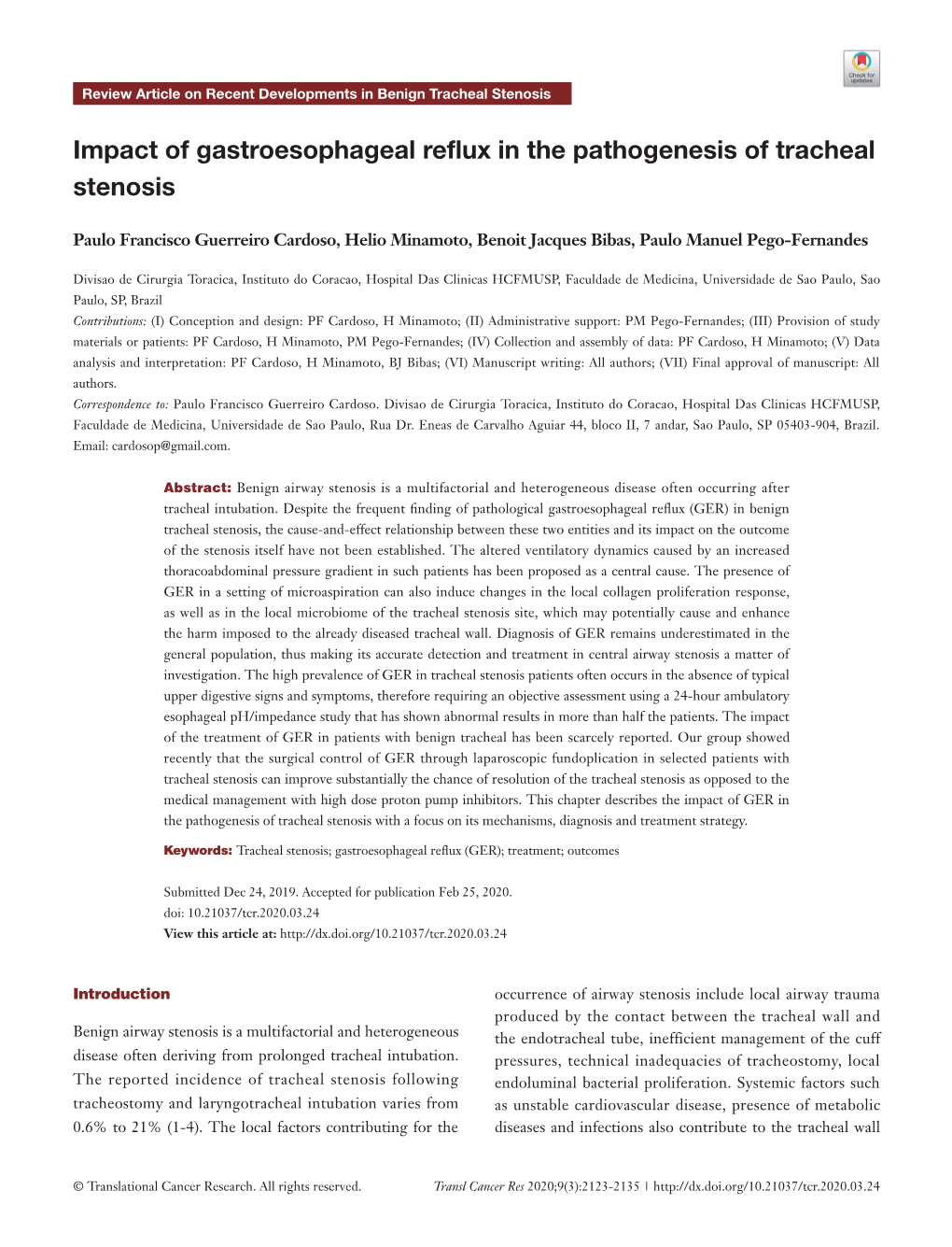 Impact of Gastroesophageal Reflux in the Pathogenesis of Tracheal Stenosis