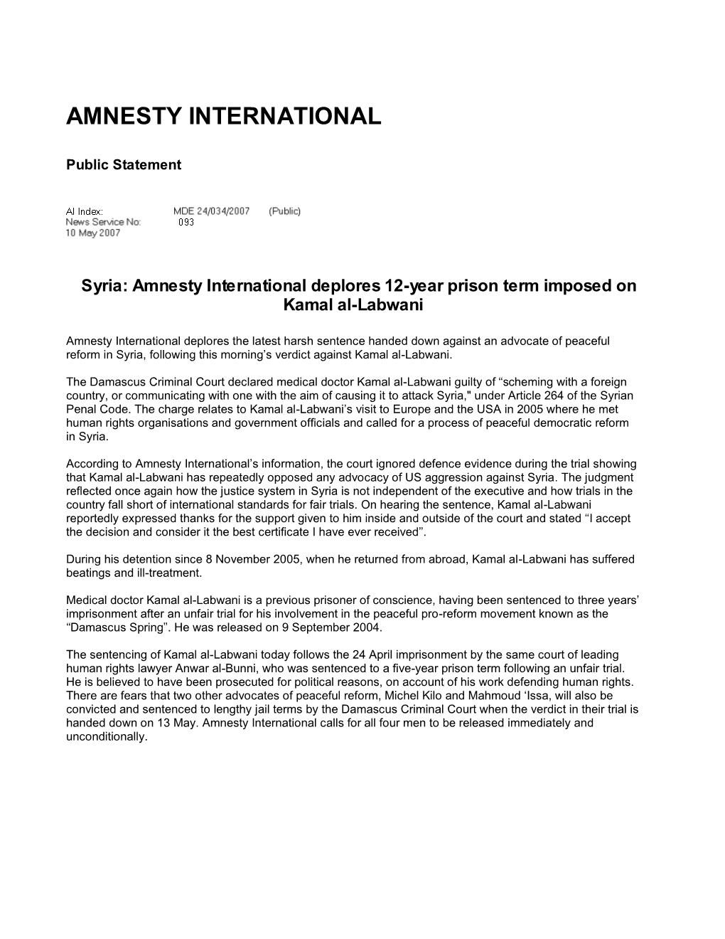 Syria: Amnesty International Deplores 12-Year Prison Term Imposed on Kamal Al-Labwani