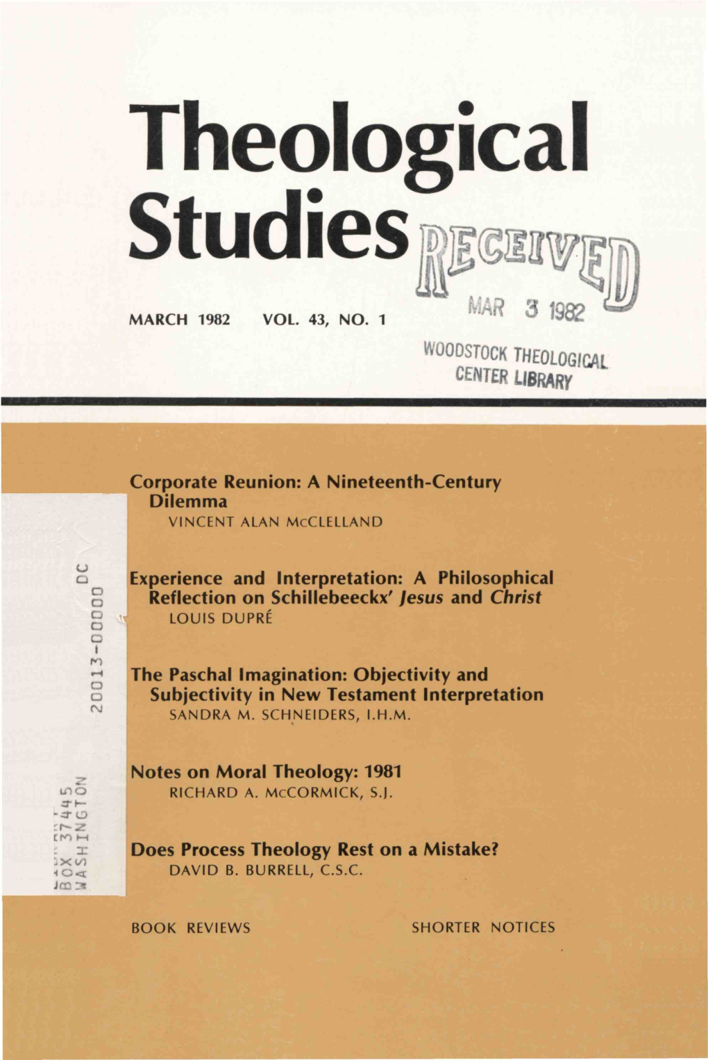 Theological Studies Ι?«!«! Iqí» MJ MARCH 1982 VOL