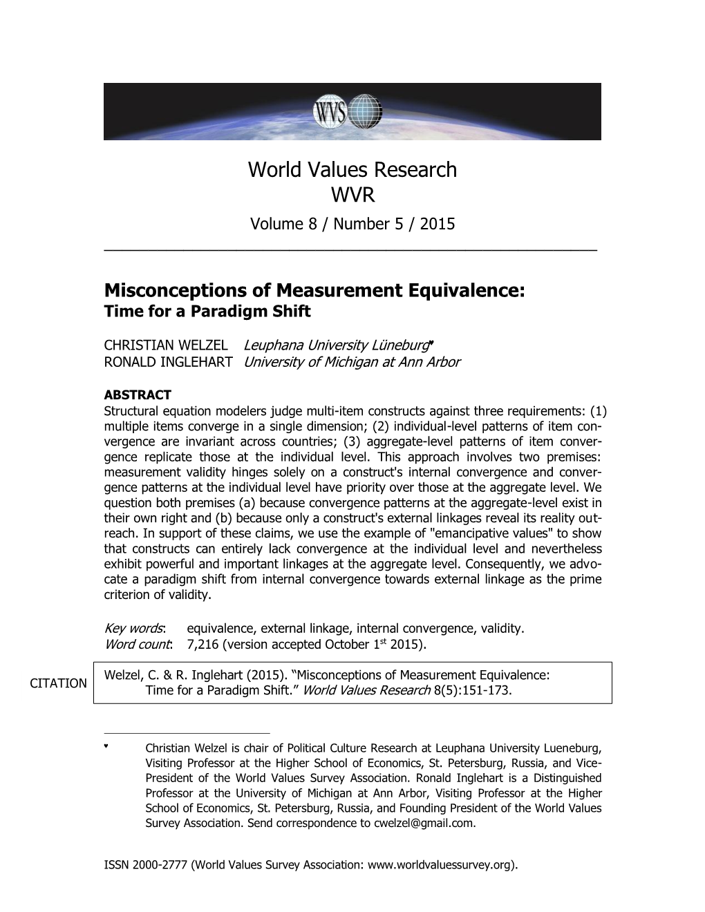 World Values Research WVR Volume 8 / Number 5 / 2015 ______