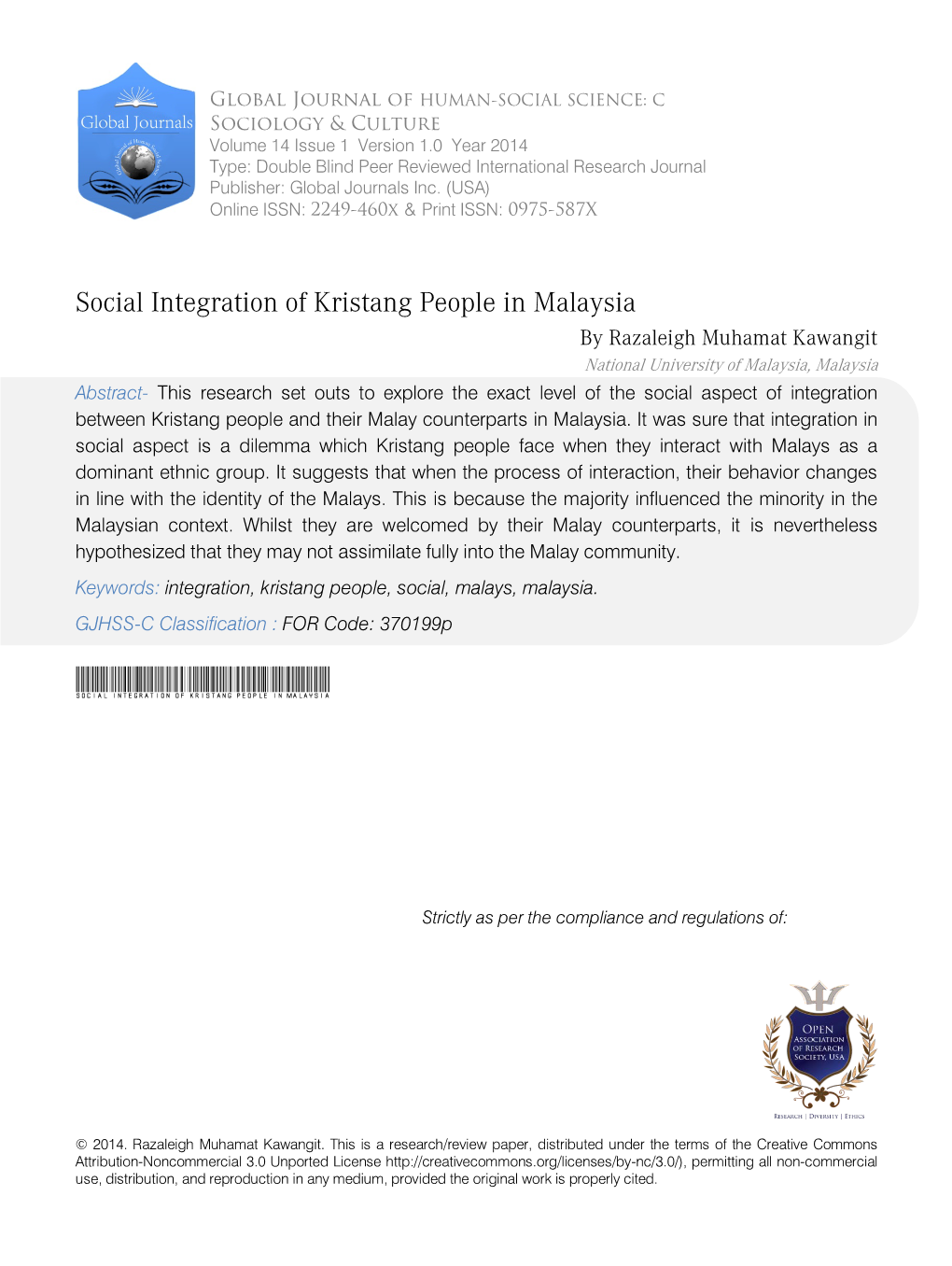 Social Integration of Kristang People in Malaysia