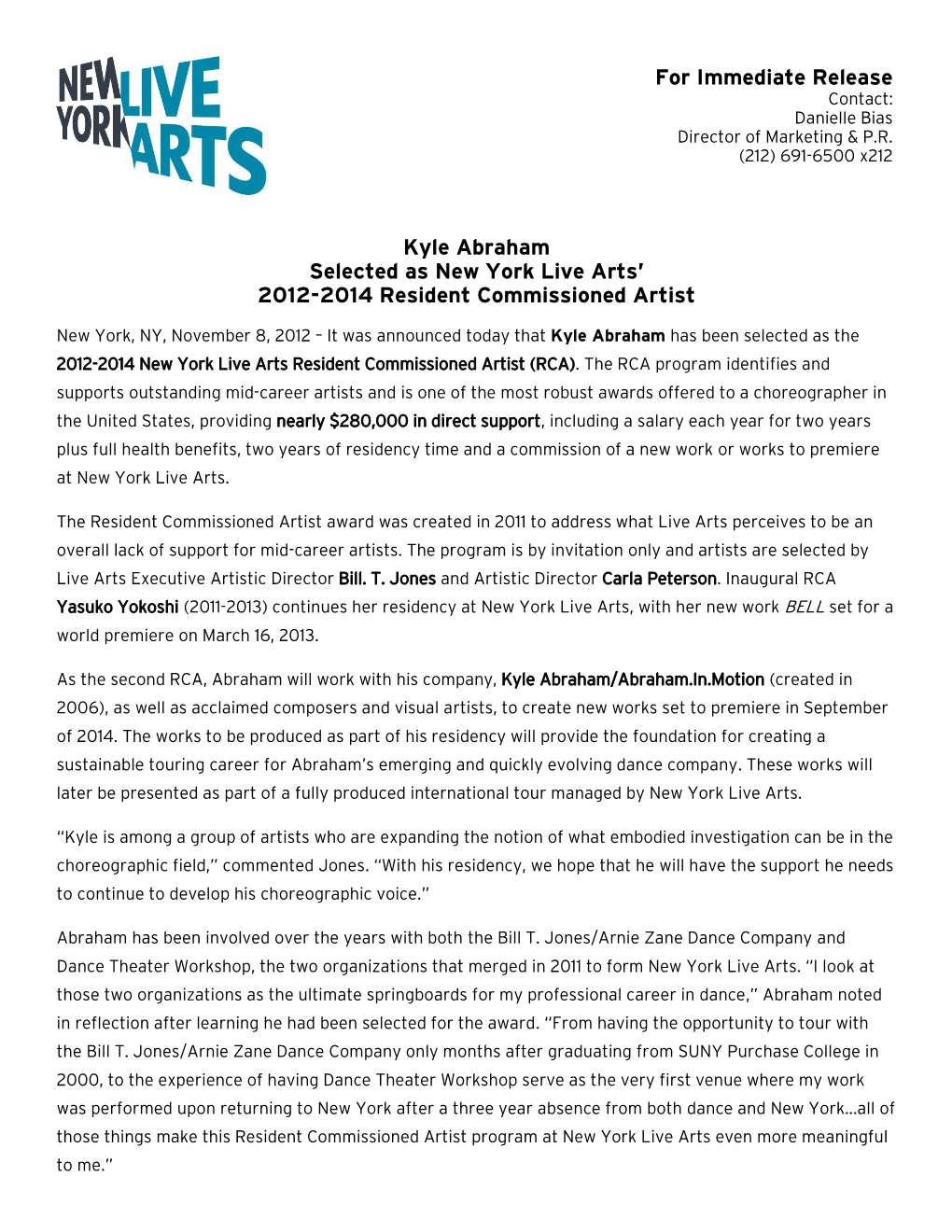 Kyle Abraham Selected As New York Live Arts' 2012-2014 Resident