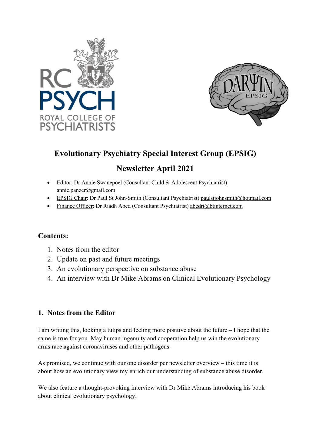 Evolutionary Psychiatry Special Interest Group (EPSIG) Newsletter April 2021