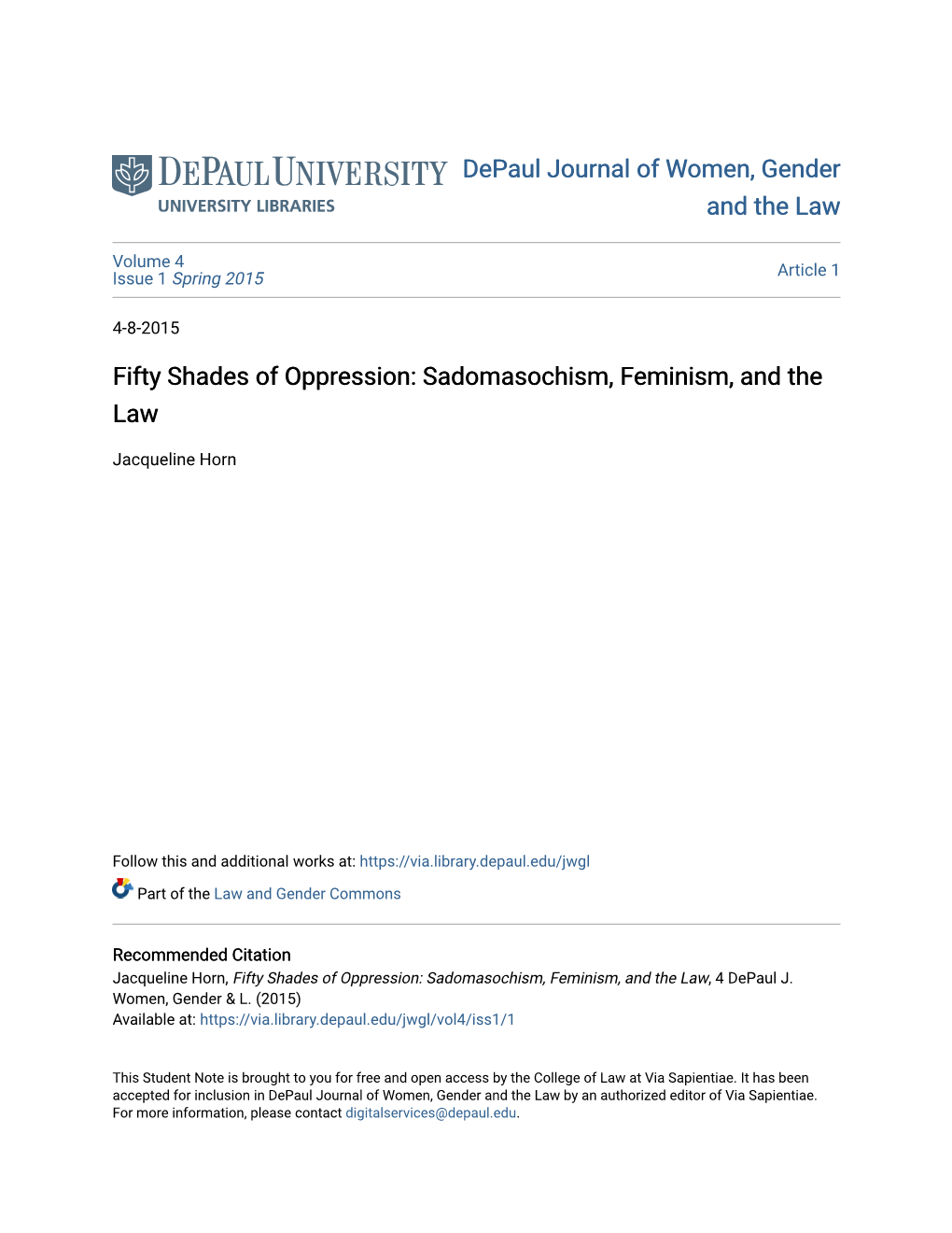 Fifty Shades of Oppression: Sadomasochism, Feminism, and the Law