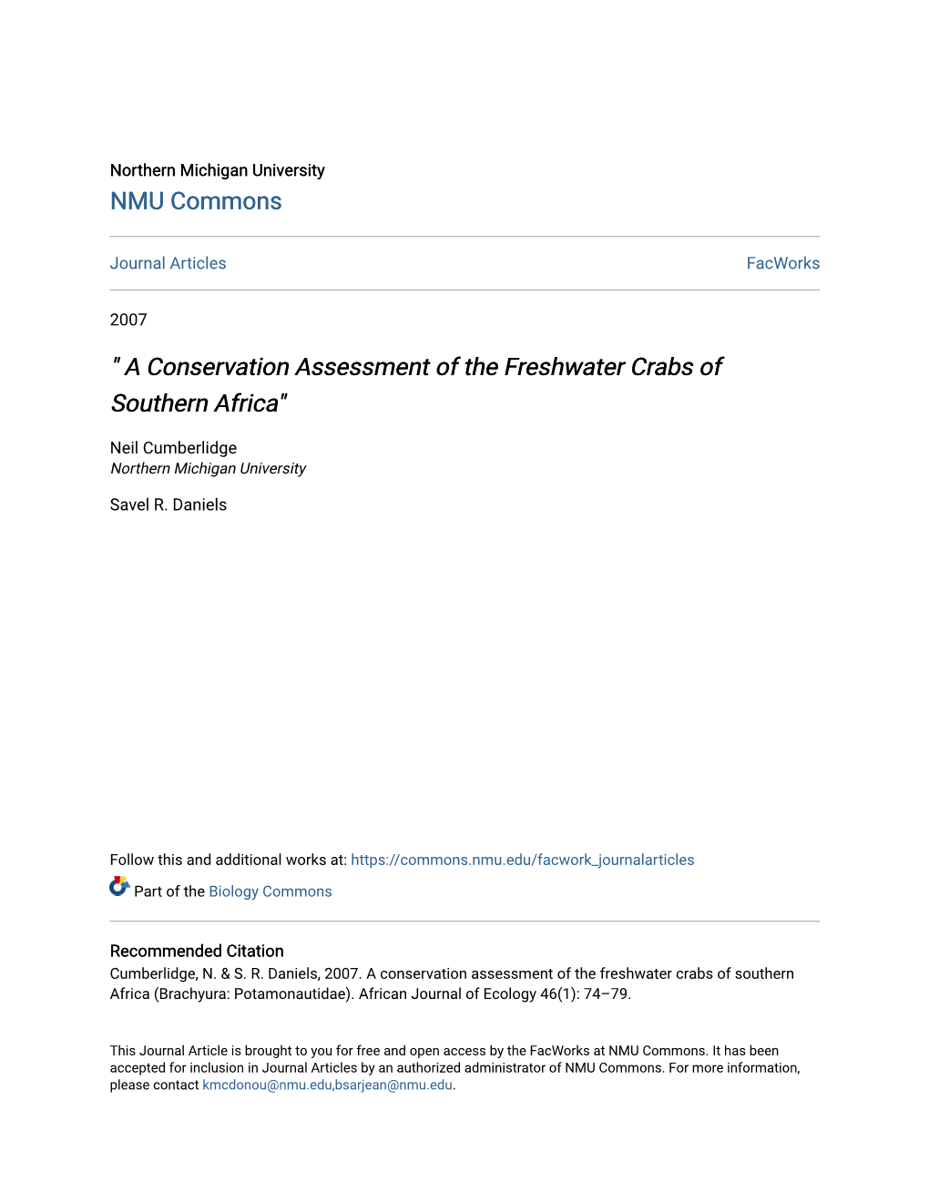 A Conservation Assessment of the Freshwater Crabs of Southern Africa