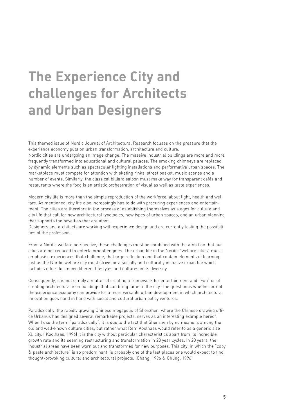 The Experience City and Challenges for Architects and Urban Designers