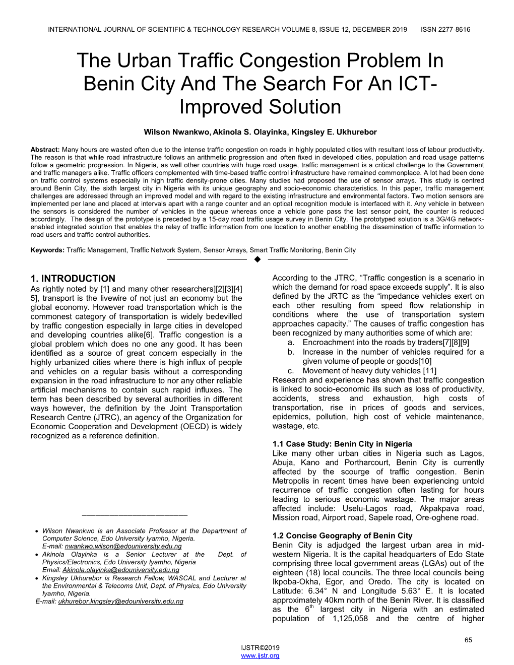 The Urban Traffic Congestion Problem in Benin City and the Search for an ICT- Improved Solution