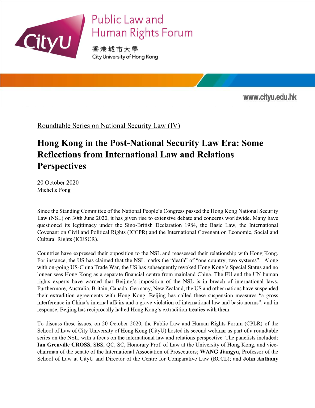 Hong Kong in the Post-National Security Law Era: Some Reflections from International Law and Relations Perspectives