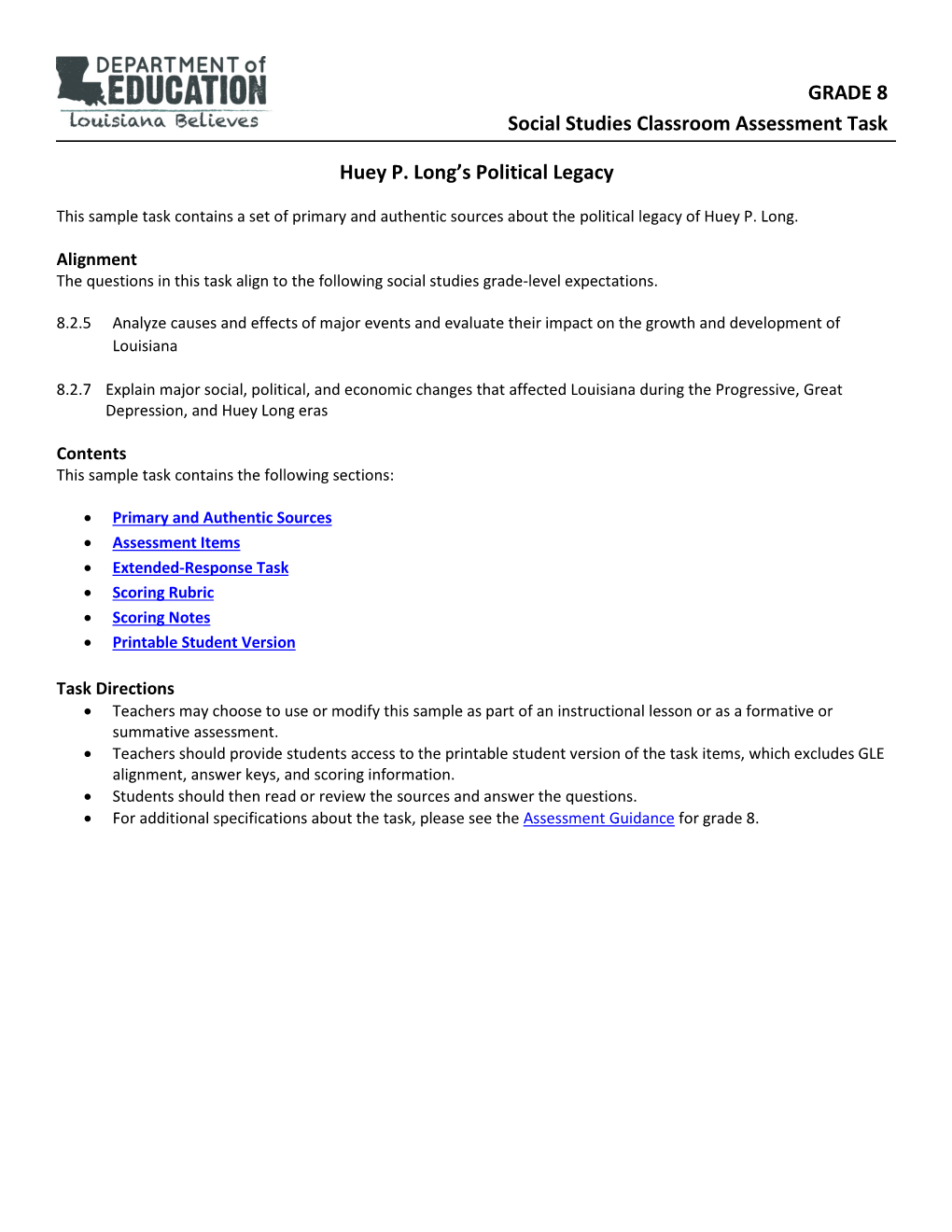 GRADE 8 Social Studies Classroom Assessment Task Huey P. Long's