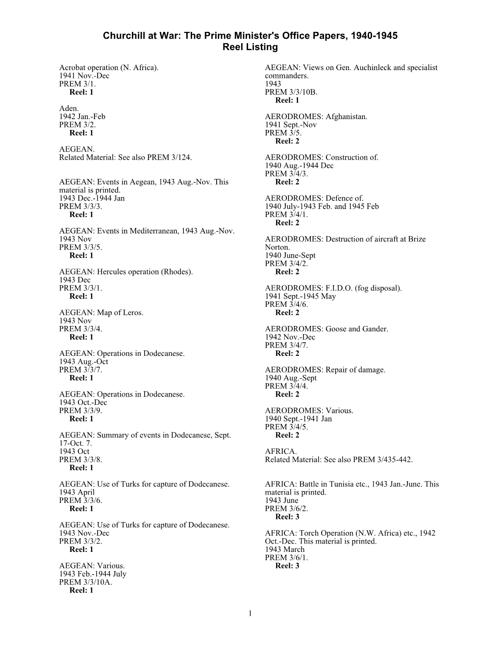 Churchill at War: the Prime Minister's Office Papers, 1940-1945 Reel Listing