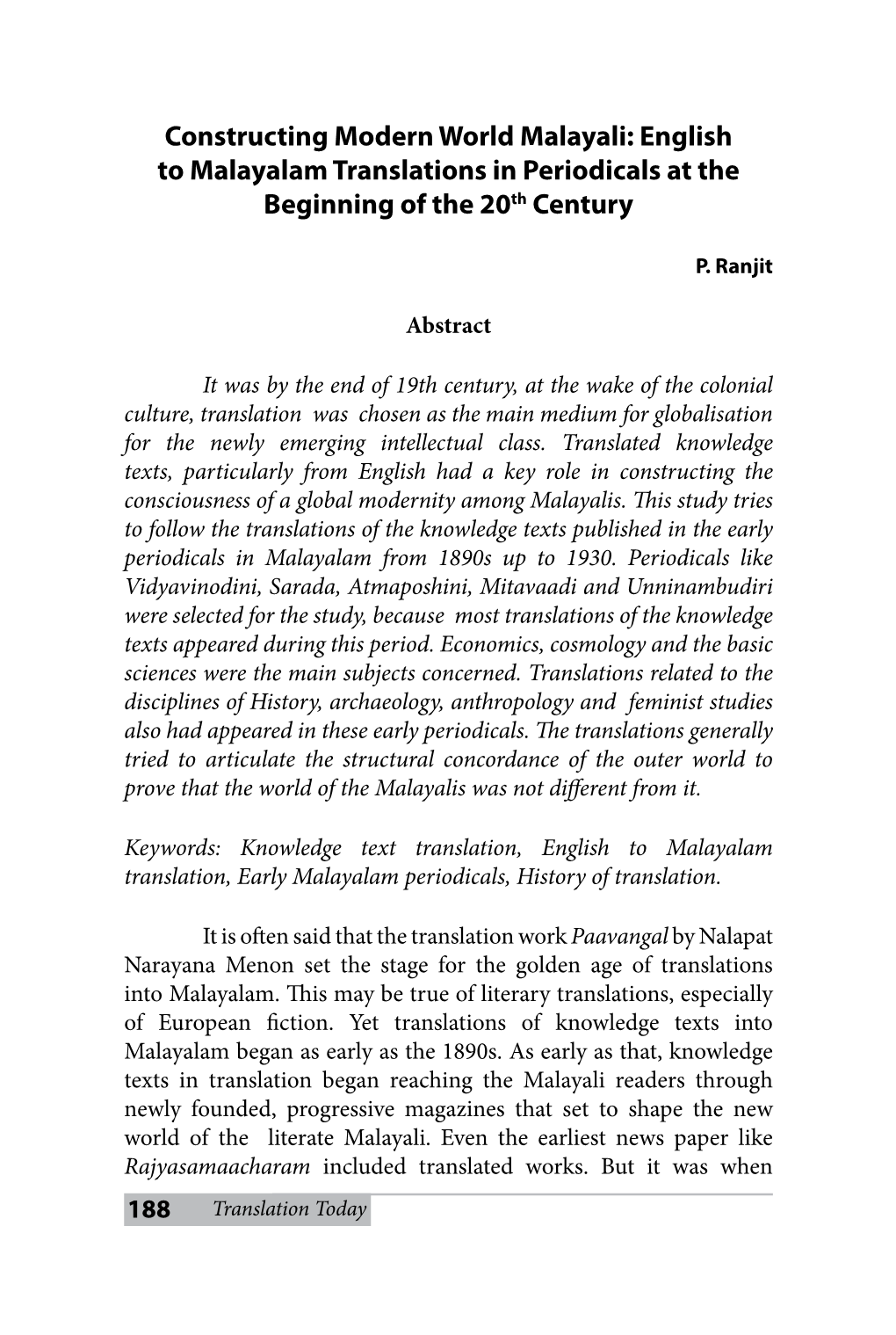 Constructing Modern World Malayali: English to Malayalam Translations in Periodicals at the Beginning of the 20Th Century