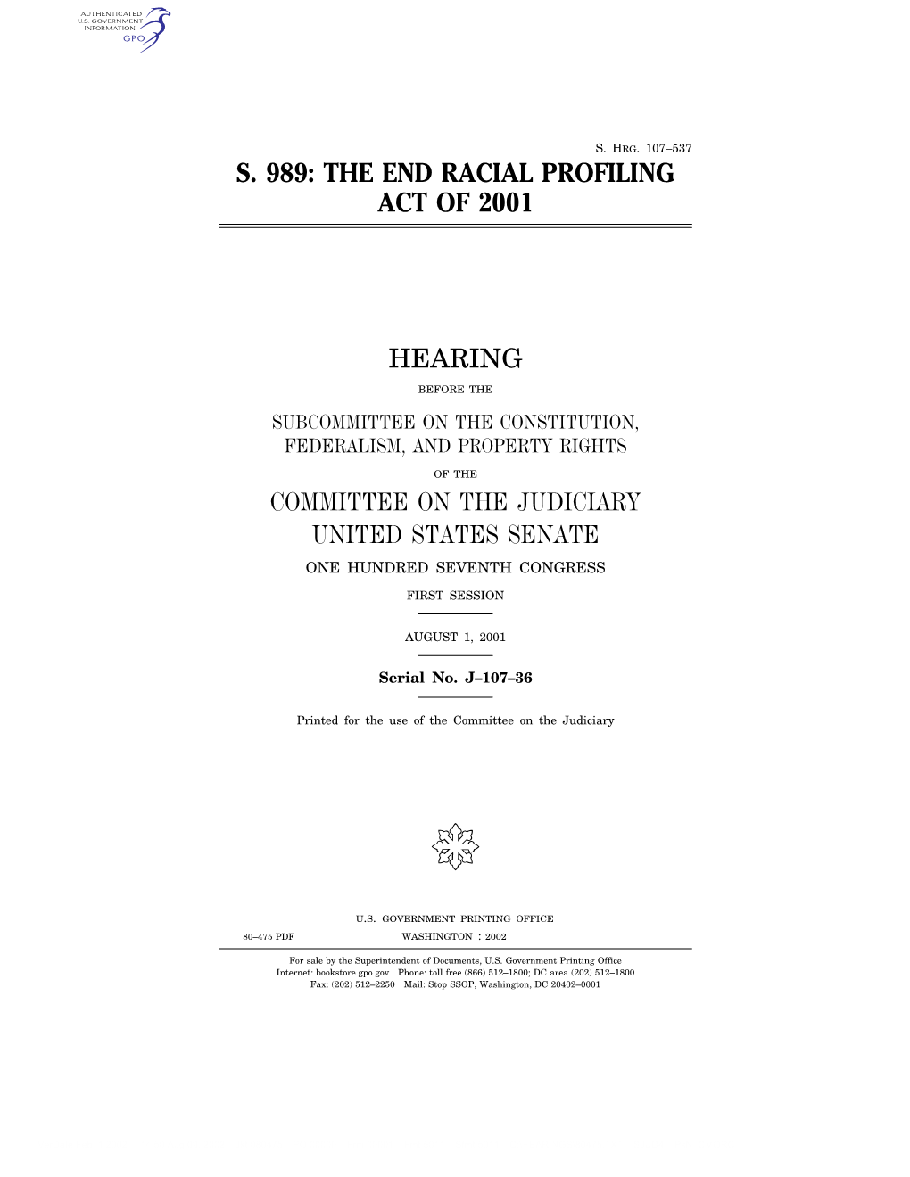 The End Racial Profiling Act of 2001 Hearing