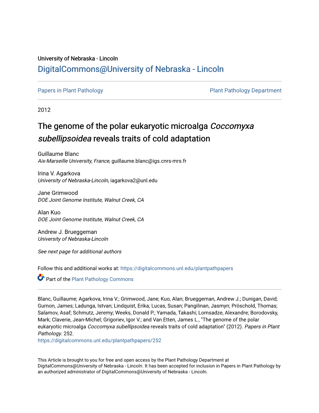 The Genome of the Polar Eukaryotic Microalga Coccomyxa Subellipsoidea Reveals Traits of Cold Adaptation