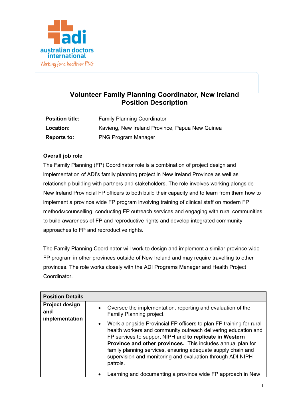 Volunteer Family Planning Coordinator, New Ireland