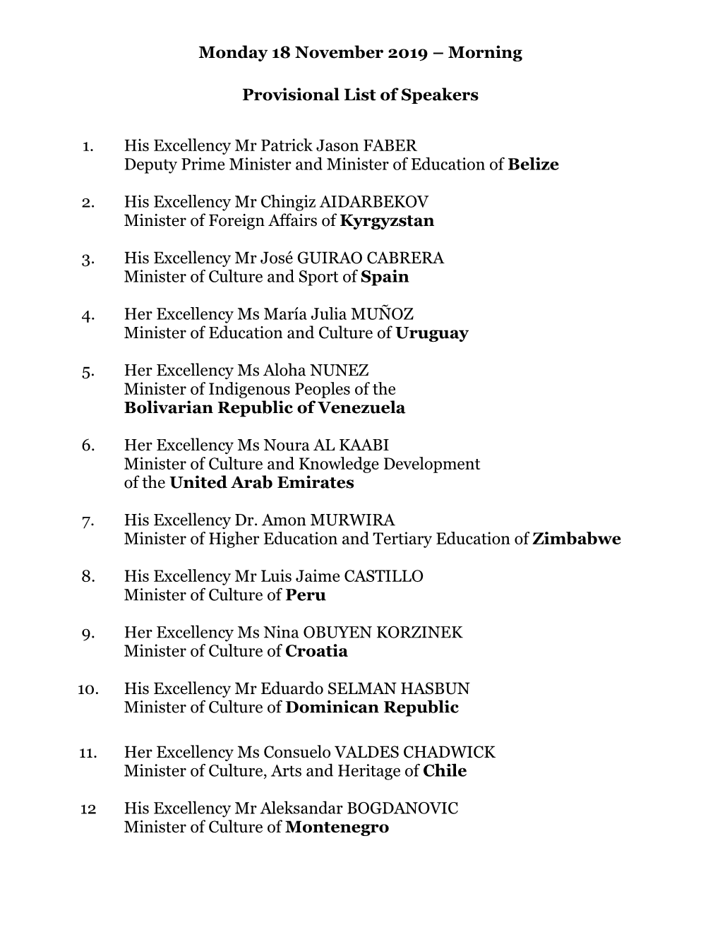 Morning Provisional List of Speakers 1. His Excellency Mr