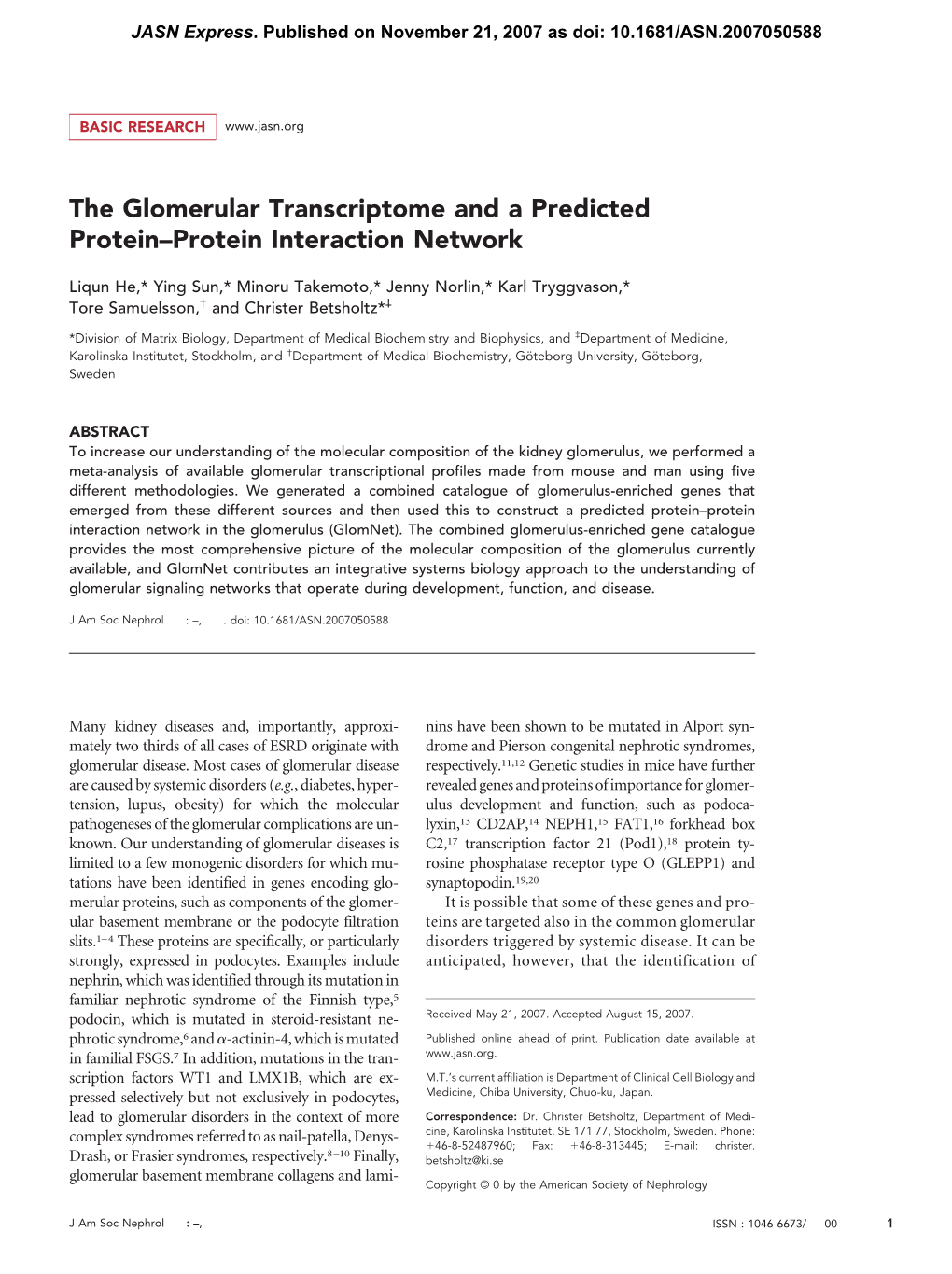 The Glomerular Transcriptome and a Predicted Protein–Protein Interaction Network