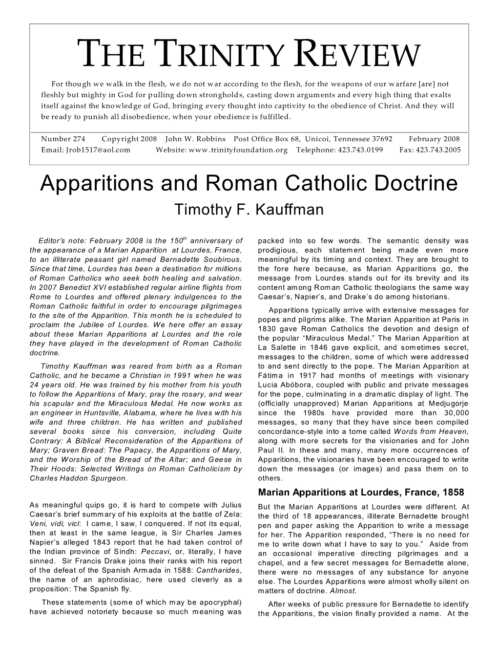 Apparitions and Roman Catholic Doctrine Timothy F