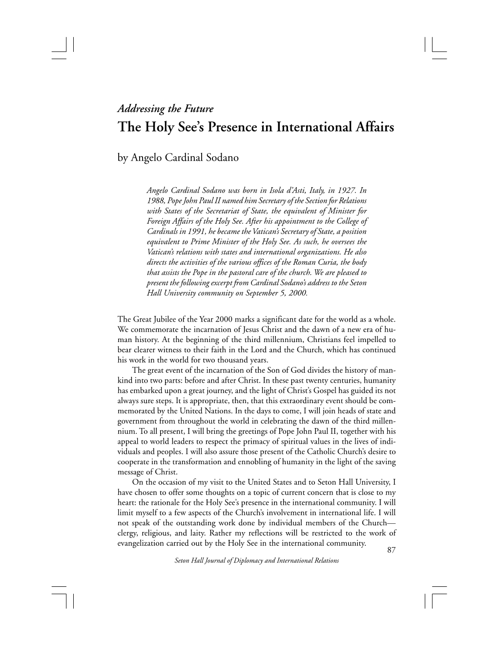 The Holy See's Presence in International Affairs