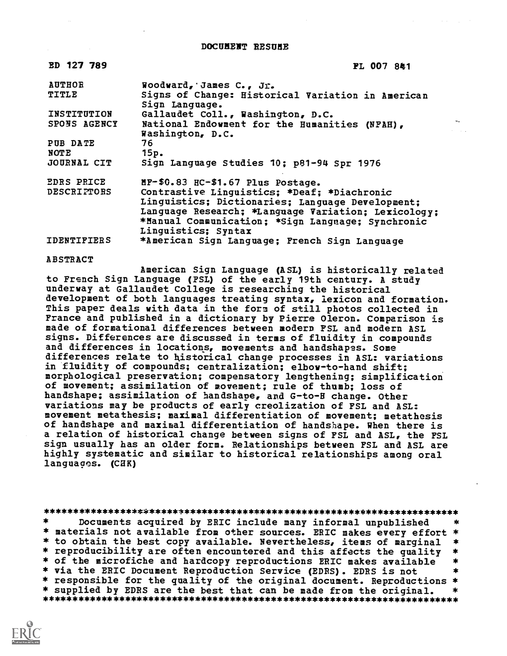 Sign Language Studies 10; 01-94 Spr 1976