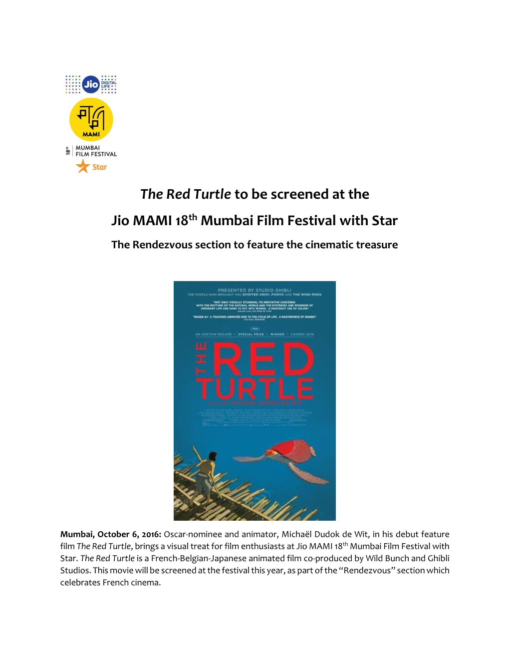 The Red Turtle to Be Screened at the Jio MAMI 18Th Mumbai Film Festival with Star the Rendezvous Section to Feature the Cinematic Treasure