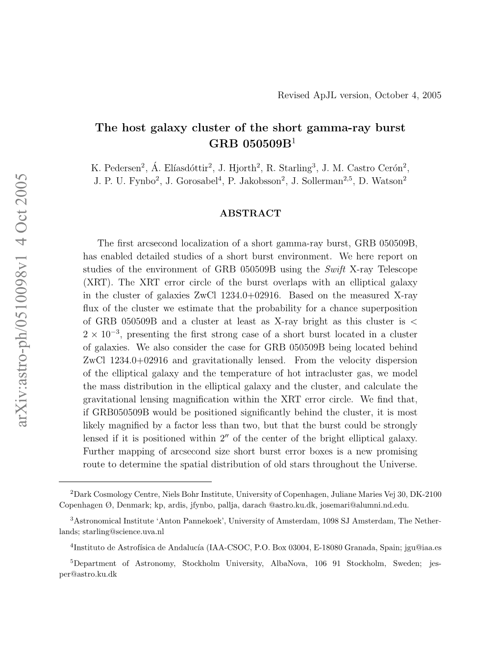 The Host Galaxy Cluster of the Short Gamma-Ray Burst GRB 050509B