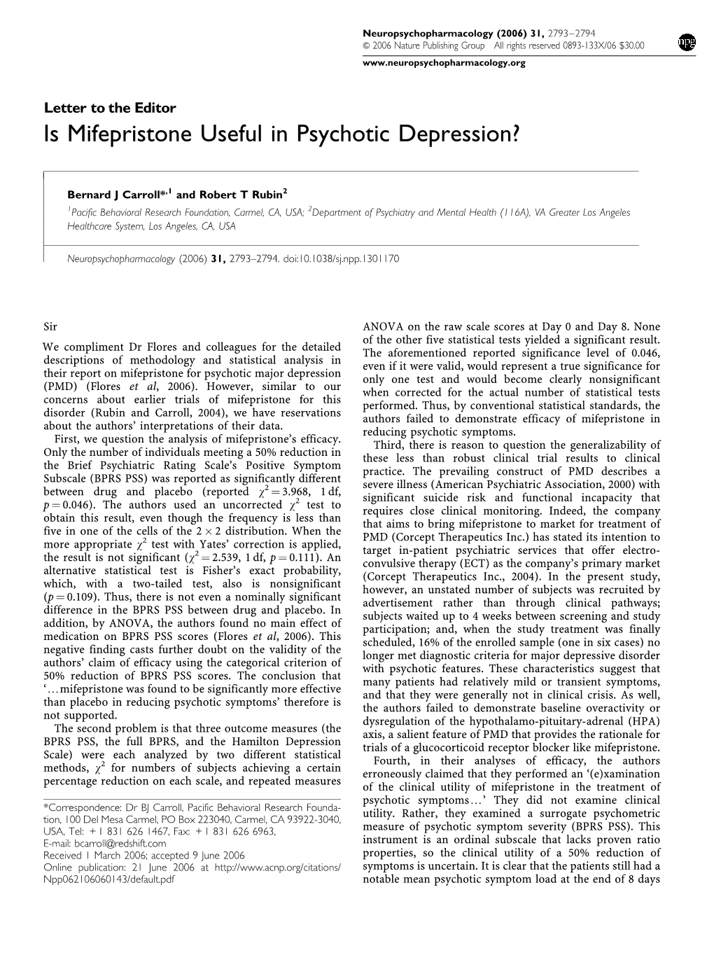 Is Mifepristone Useful in Psychotic Depression?