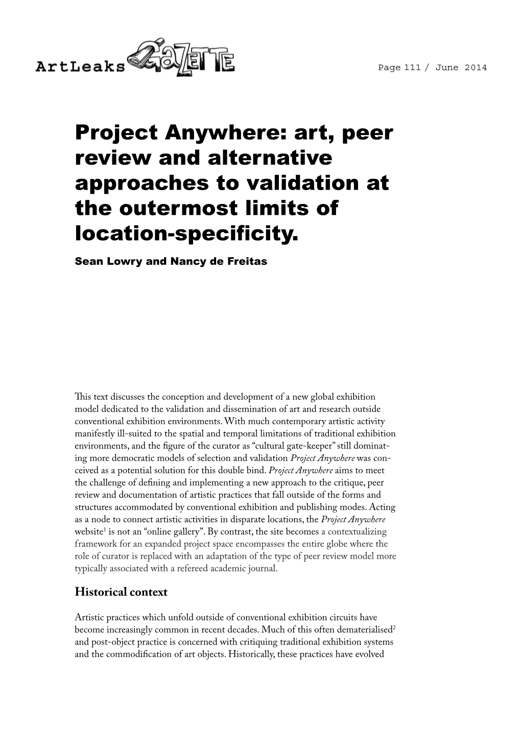 Project Anywhere: Art, Peer Review and Alternative Approaches to Validation at the Outermost Limits of Location-Specificity